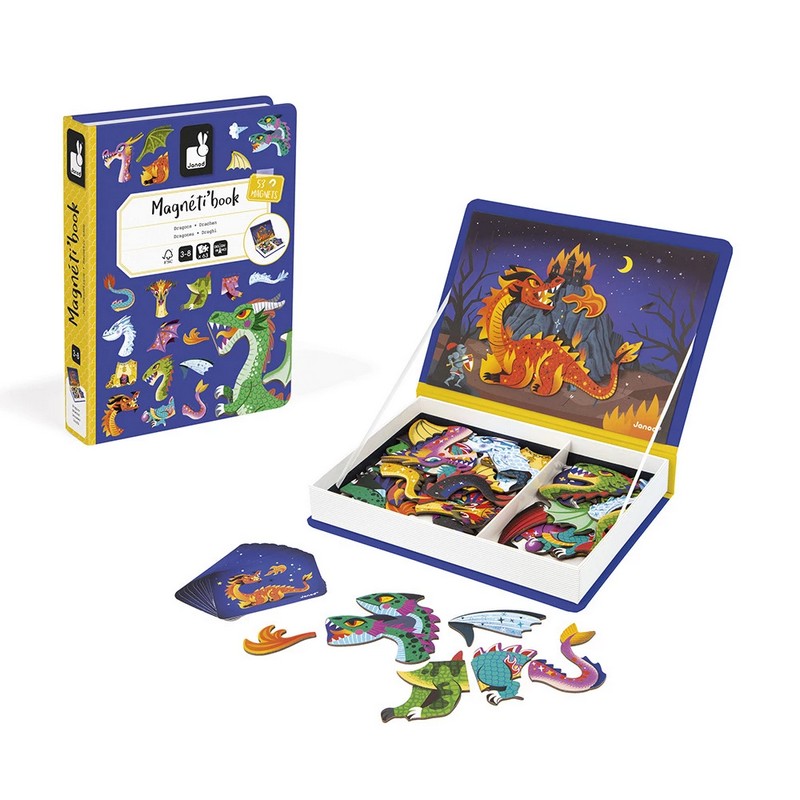 Libro magnetico per bambini a tema draghi con 53 magneti e 10 modelli da seguire